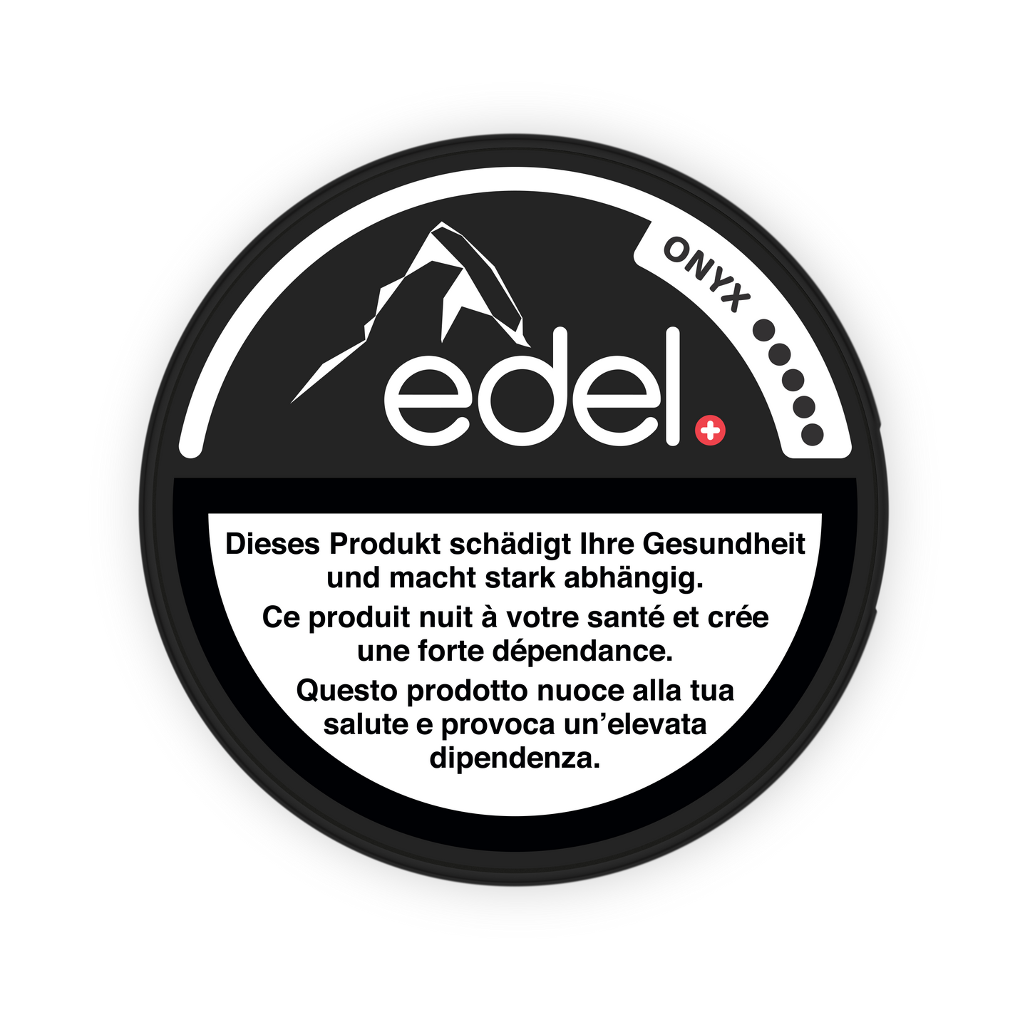 Detail close-up of the black Edel Onyx snus can showcasing the mountain logo and warning text on a transparent background.