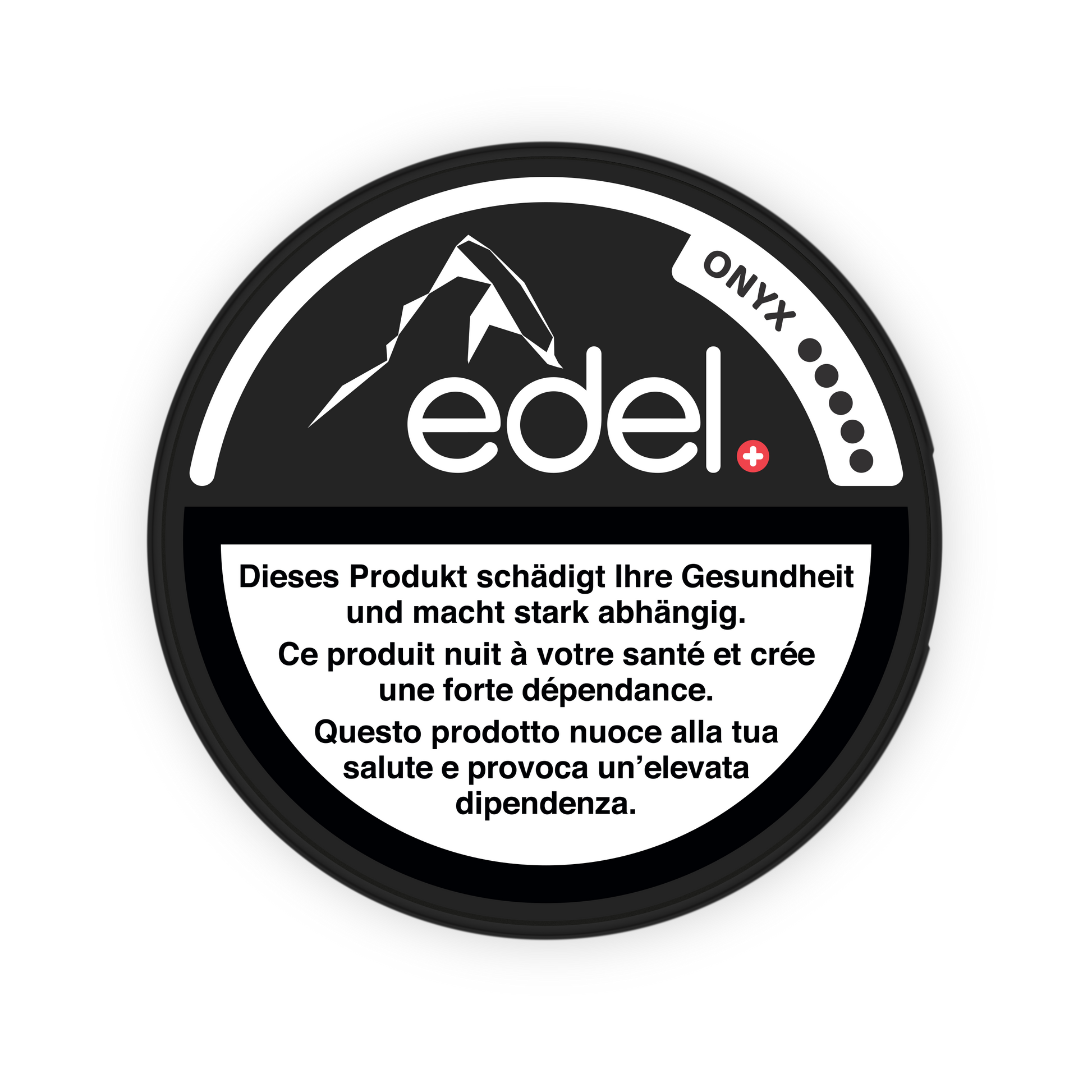 Detail close-up of the black Edel Onyx snus can showcasing the mountain logo and warning text on a transparent background.