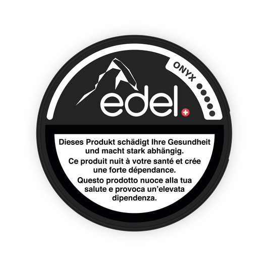 Detail close-up of the black Edel Onyx snus can showcasing the mountain logo and warning text on a transparent background.