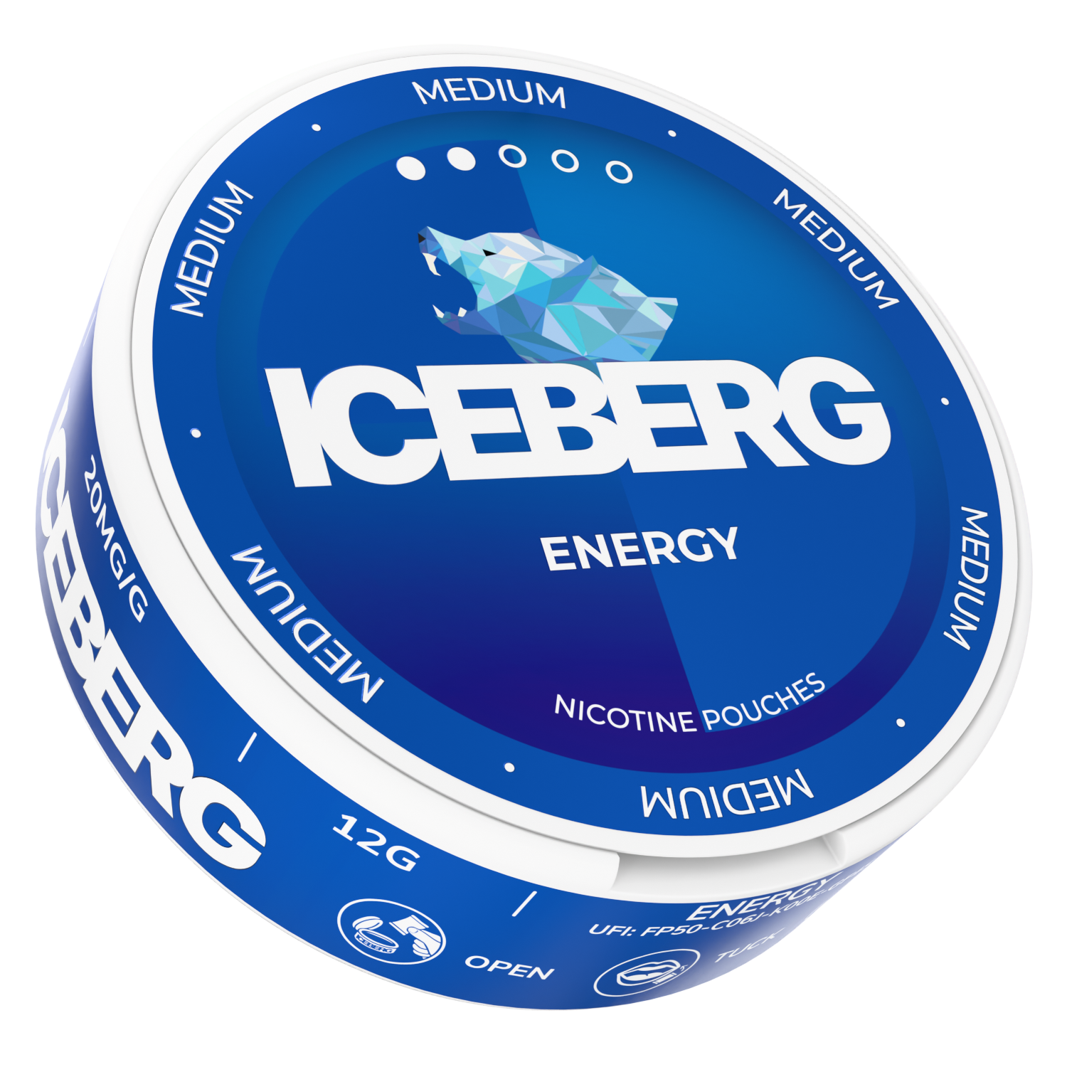 Side view of the blue energy snus can with bold text and iceberg graphic.
