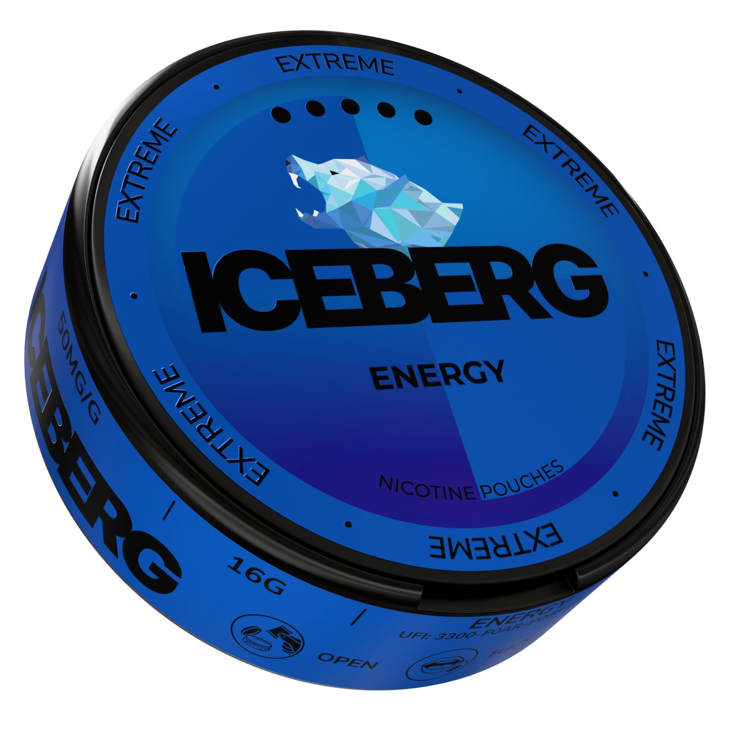 Side view of the sleek blue and black energy can showcasing bold text on a transparent background.