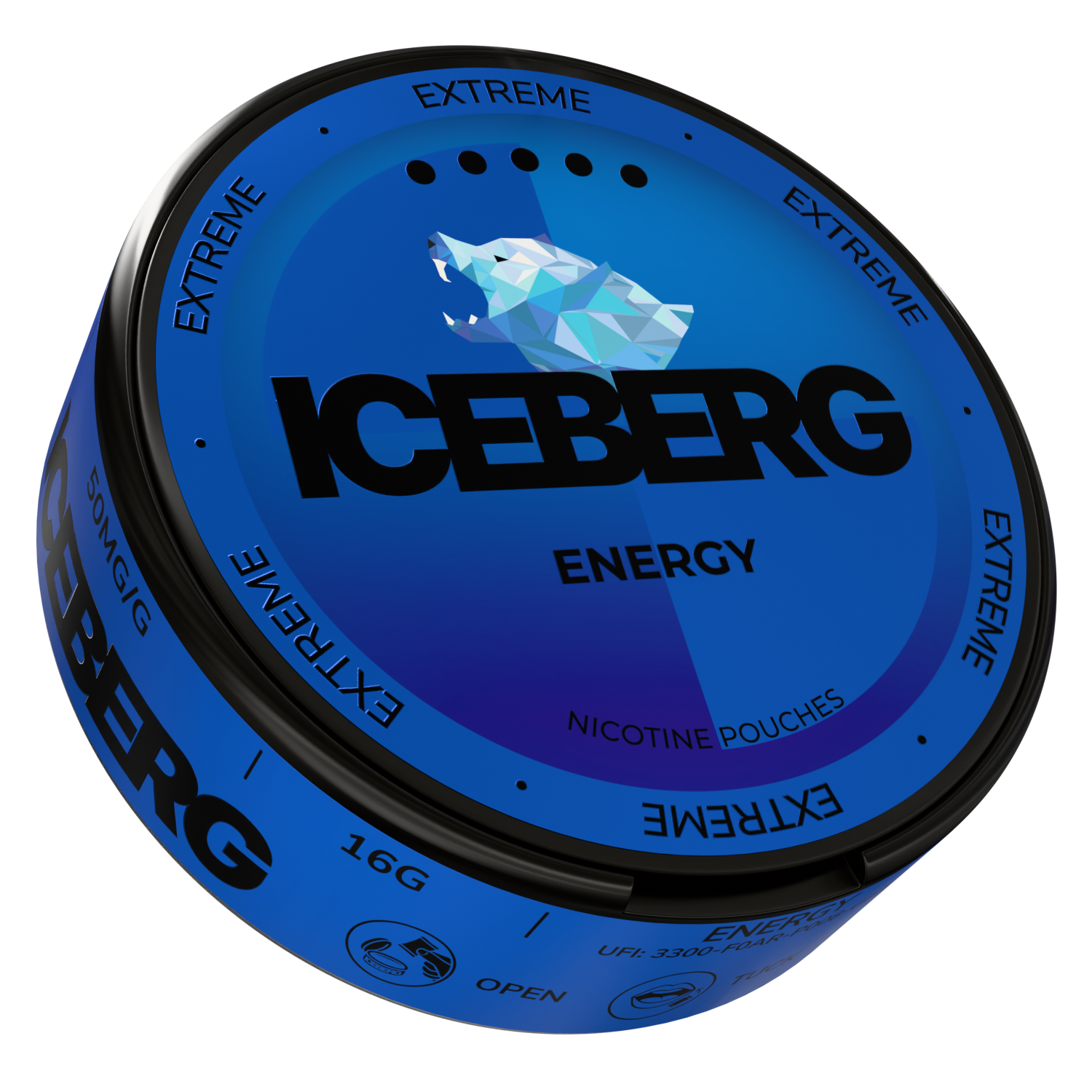 Side view of the sleek blue and black energy can showcasing bold text on a transparent background.