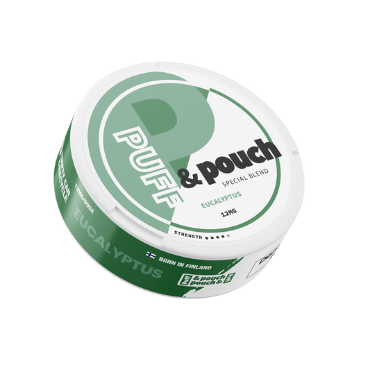 Front view of the round eucalyptus canister featuring a green and white label design on a transparent background