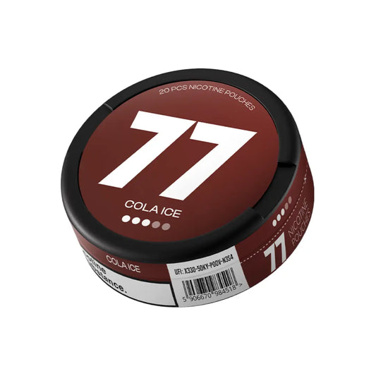 Glass of 77 Cola Ice from Europesnus.com with ice cubes and cola beverage in a clear glass.