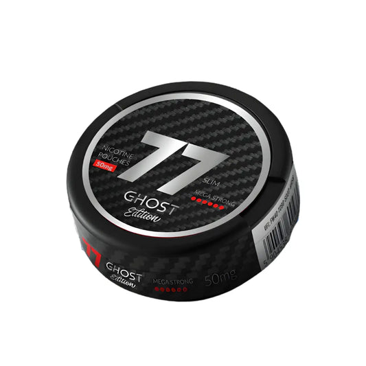 Close-up of the 77 Ghost Edition Mega Strong supplement container from Europesnus.com, showing the black and white label design.