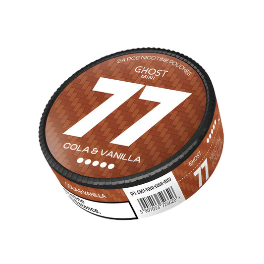 Mini cola vanilla vape by 77 Ghost, featuring strong flavor, with colorful packaging visible in the image.
