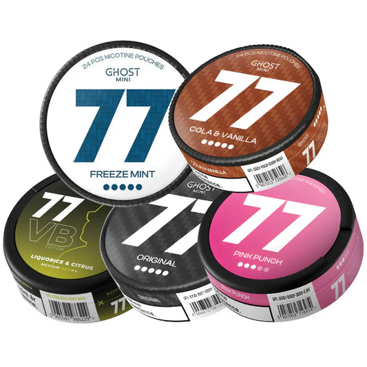 Assorted 77 Mixpack of flavored snus pouches from Europesnus.com, showing various pouch types and flavors in a colorful display.