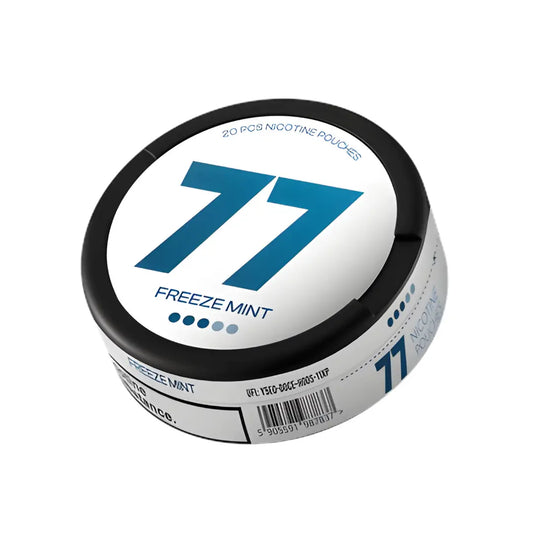 Pack of 77 Freeze Mint nicotine pouches from EuropeSnus.com, featuring small, white pouches with mint flavor for discreet use.