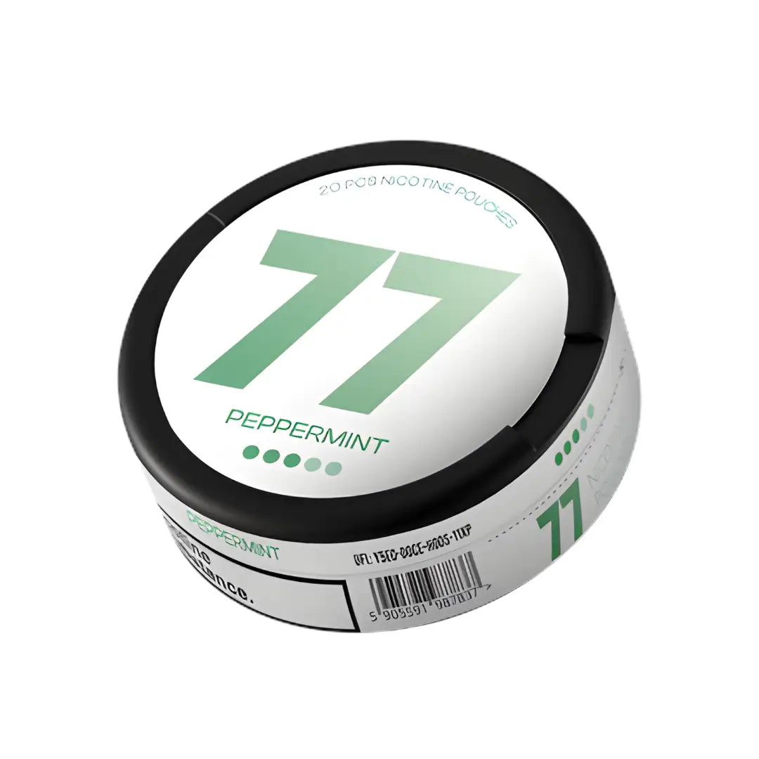 EuropeanSnus 77 Nicotine Pouches Peppermint flavor, small white pouches with mint aroma, designed for nicotine enjoyment.