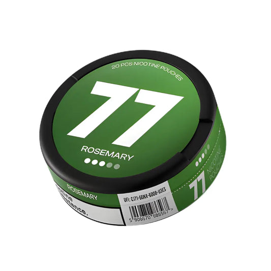 Seventy-seven Nicotine Pouches Rosemary flavor in sleek silver packaging with green accents, displayed on a white background.