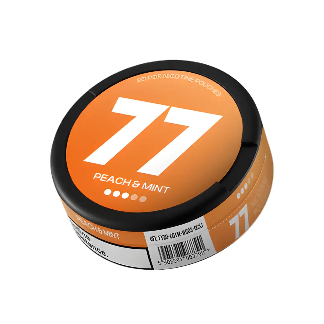 Peach Mint flavored vape juice bottle from Europesnus.com with a colorful label, showcasing the 77 Peach Mint product.