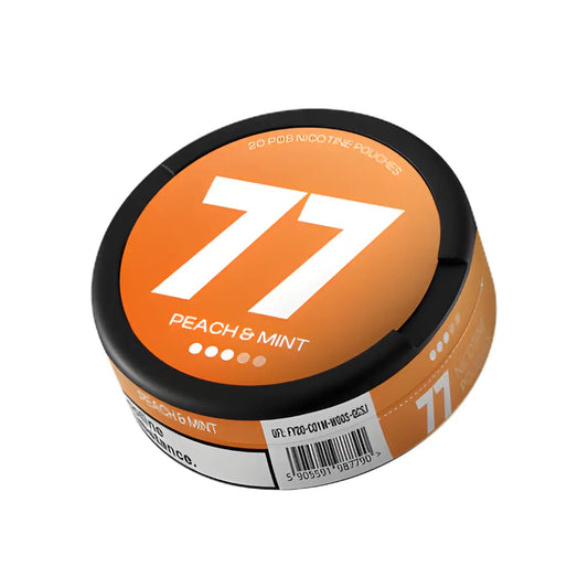 Peach Mint flavored vape juice bottle from Europesnus.com with a colorful label, showcasing the 77 Peach Mint product.