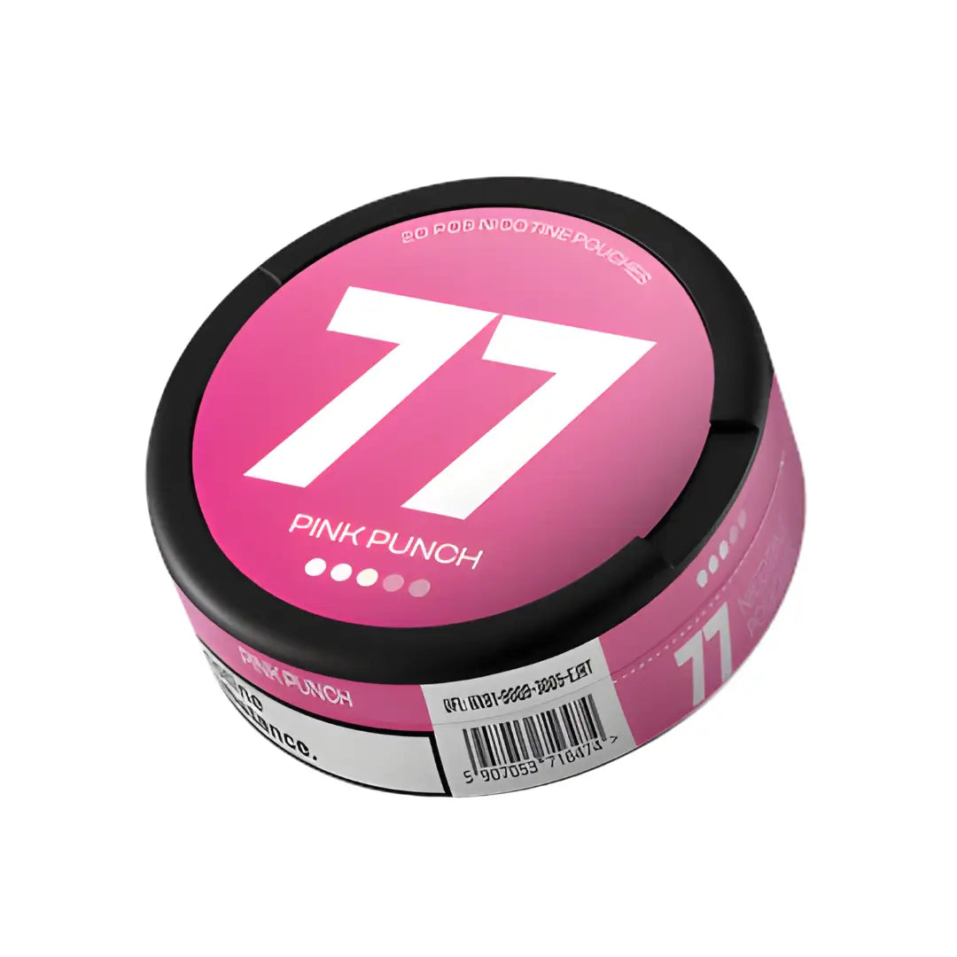 Bright pink beverage in a glass with a straw, labeled 77 Pink Punch, from Europesnus.com, with colorful fruit garnishes.