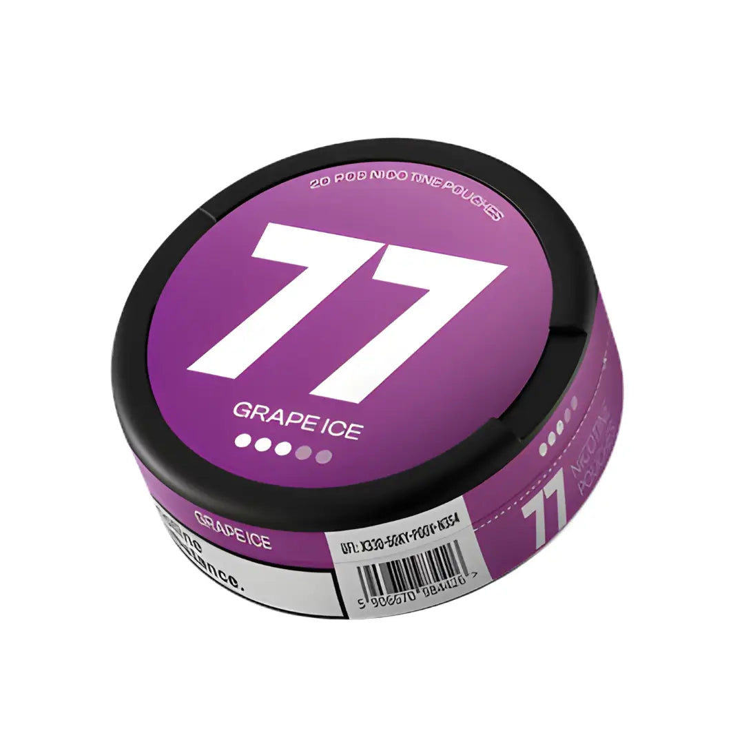 Close-up of a 77 Grape Ice flavored e-liquid bottle by Europesnus.com, showcasing the label and product design.