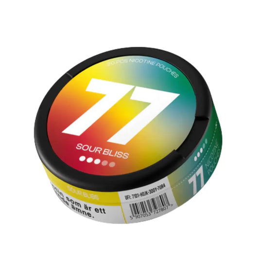 Bright image of 77 Sour Bliss candies from Europesnus.com featuring colorful, sour candy pieces in a clear container.