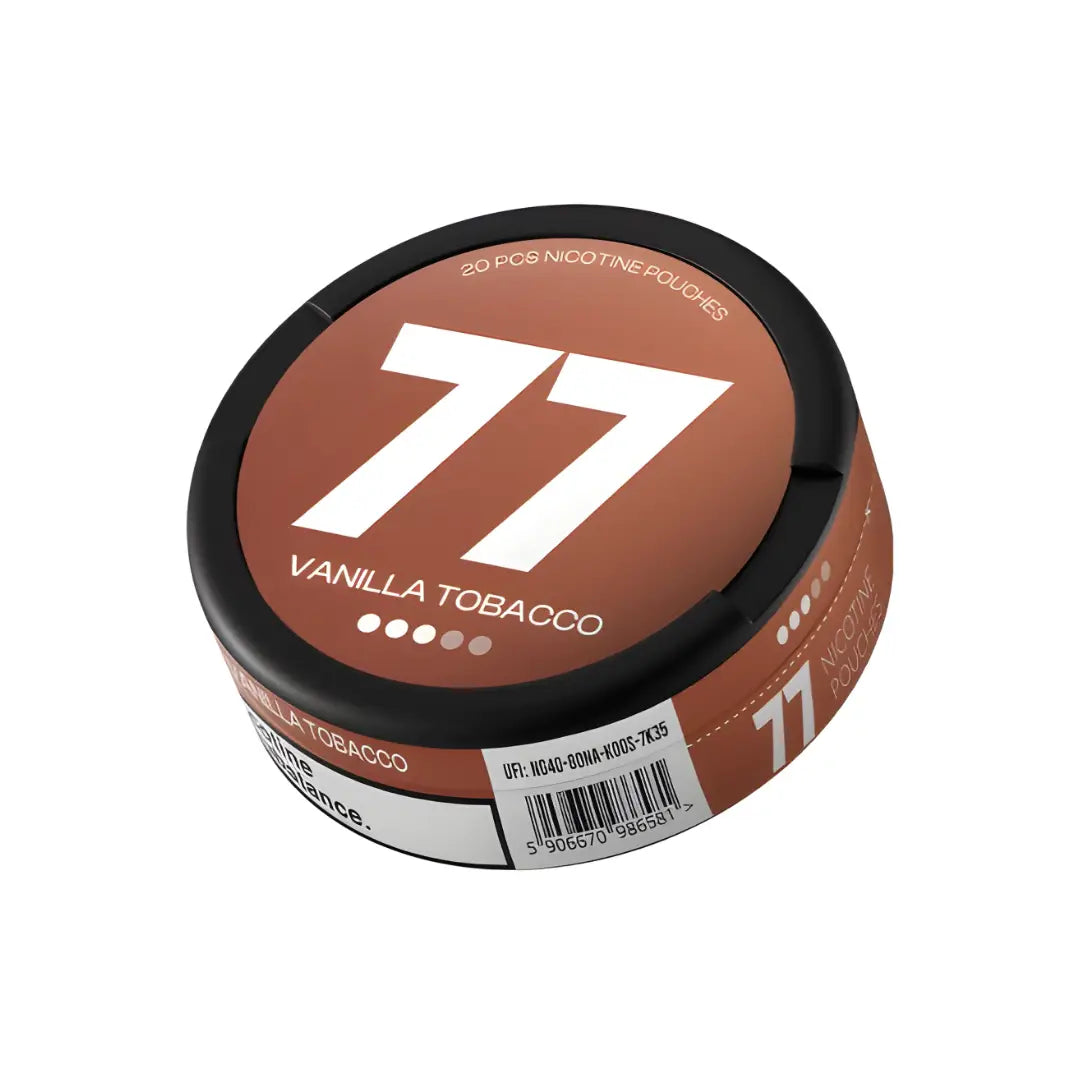 77 Vanilla Tobacco flavor e-liquid bottle by Europesnus.com with vanilla and tobacco ingredients, displayed on a plain background.