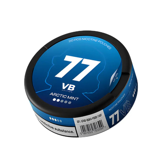 77 VB Edition Nicotine Pouches Arctic Mint by Europesnus.com, showing a close-up of the mint-flavored nicotine pouches in a container.