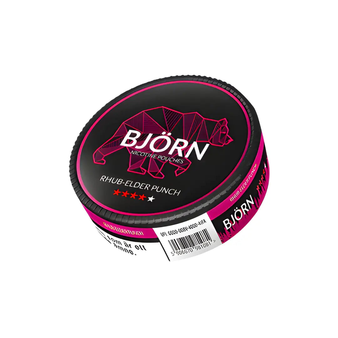 Bjorn Rhubarb & Elder Punch Medium bottle showing label with vibrant fruit illustrations and product name on a white background