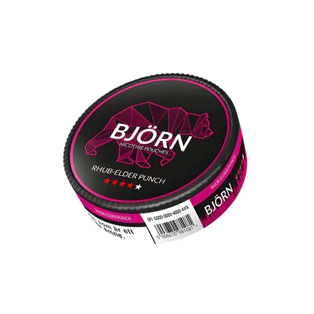 Bottle of Bjorn Rhubarb & Elder Punch Strong by Europesnus.com with vibrant label and colorful fruit illustrations.