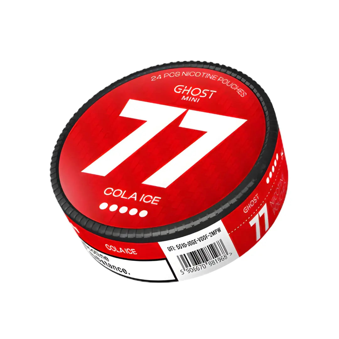 Mini Cola Ice snus pouch from 77 Ghost by Killa Snus, featuring a compact, flavorful tobacco-free product with cool mint taste.