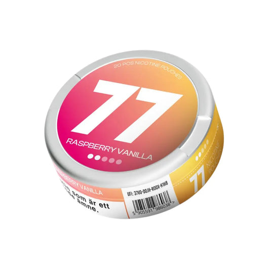 Raspberry and vanilla light pouches from Killa Snus, 77-count, packaged in a colorful pouch with fresh fruit and vanilla flavor imagery.