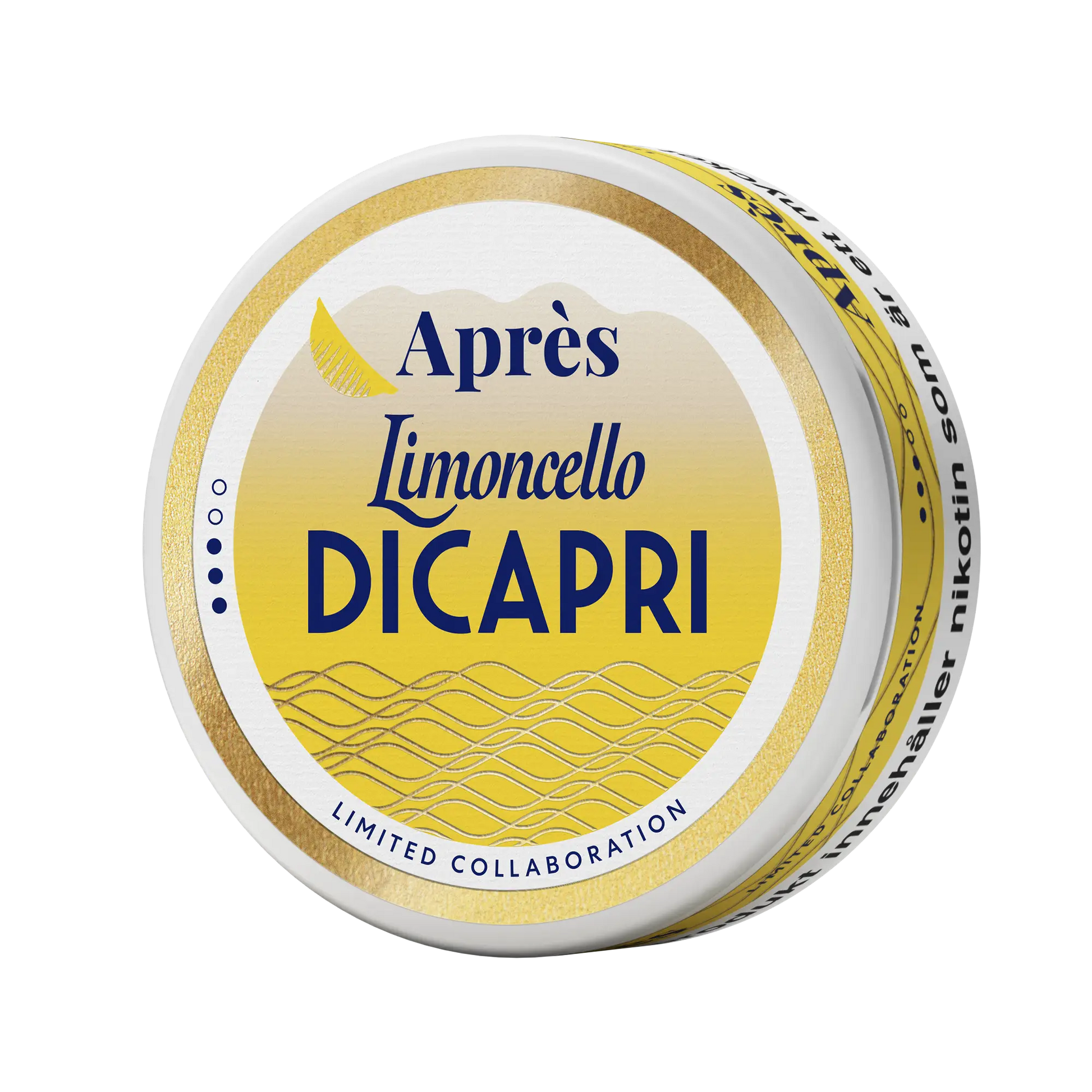 Limoncello Dicapri snus pouch from Après by Killa Snus, shown in lime yellow packaging with lemon illustrations.