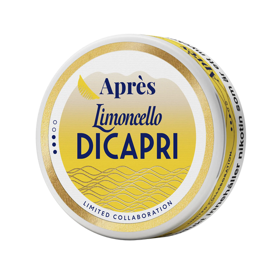 Limoncello Dicapri snus pouch from Après by Killa Snus, shown in lime yellow packaging with lemon illustrations.