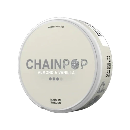 Chainpop Almond & Vanilla Snus packet from Killa Snus, featuring colorful branding and sleek packaging design.