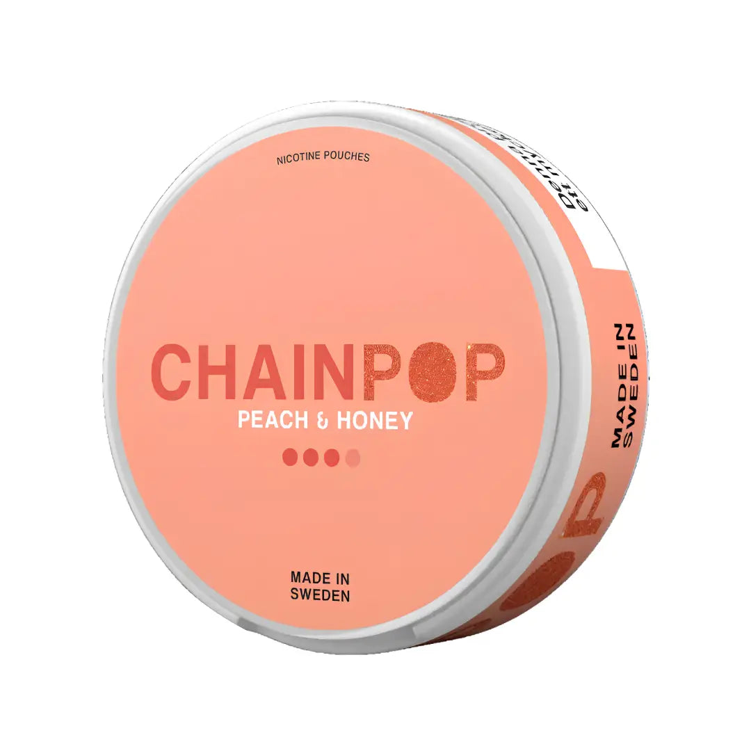 Chainpop Peach & Honey Snus from Killa Snus, packaged in a sleek container, with colorful branding and product details visible.