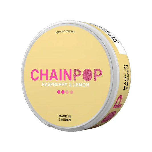 Chainpop Raspberry Lemon Snus pouch by Europesnus.com, featuring vibrant raspberry and lemon flavor packaging.