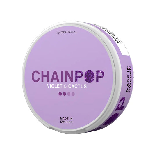 Chainpop Violet Citrus Snus in a tin, featuring vibrant purple packaging with citrus flavor branding from Killa Snus.