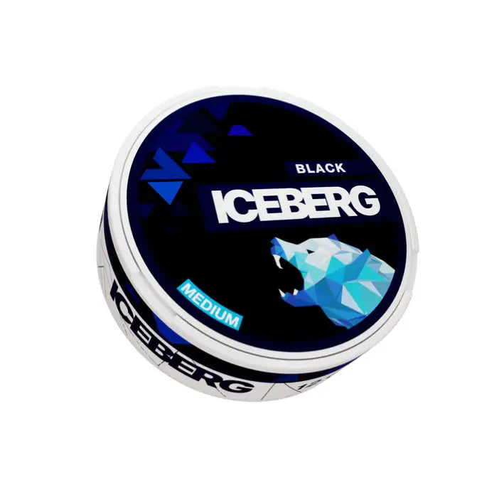 Iceberg Black 20mg snus pouch from Killa Snus, shown in a sleek black container, ideal for discreet nicotine use.