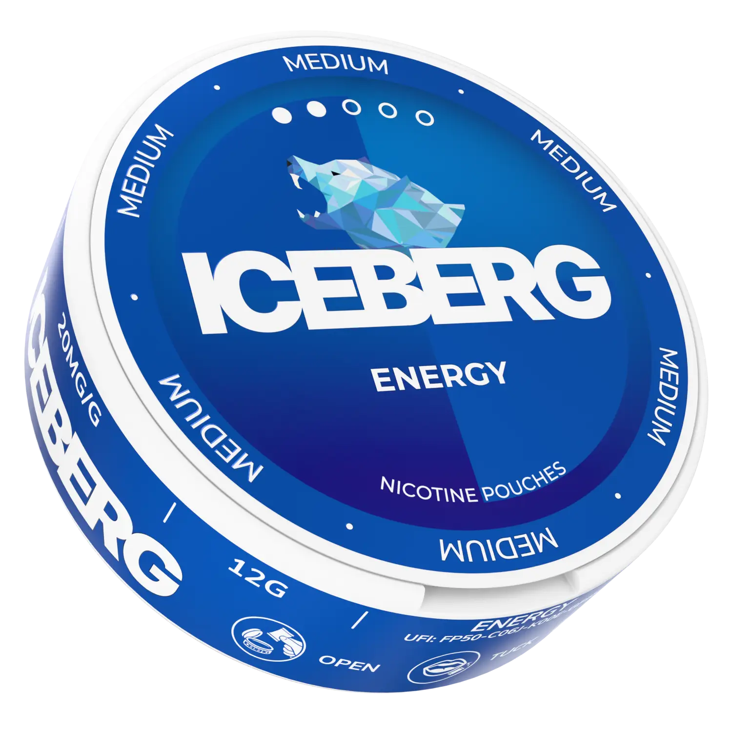 Side view of Iceberg Energy 20mg snus pouch, a product from Killa Snus by Europesnus.com, showing the packaging and branding.