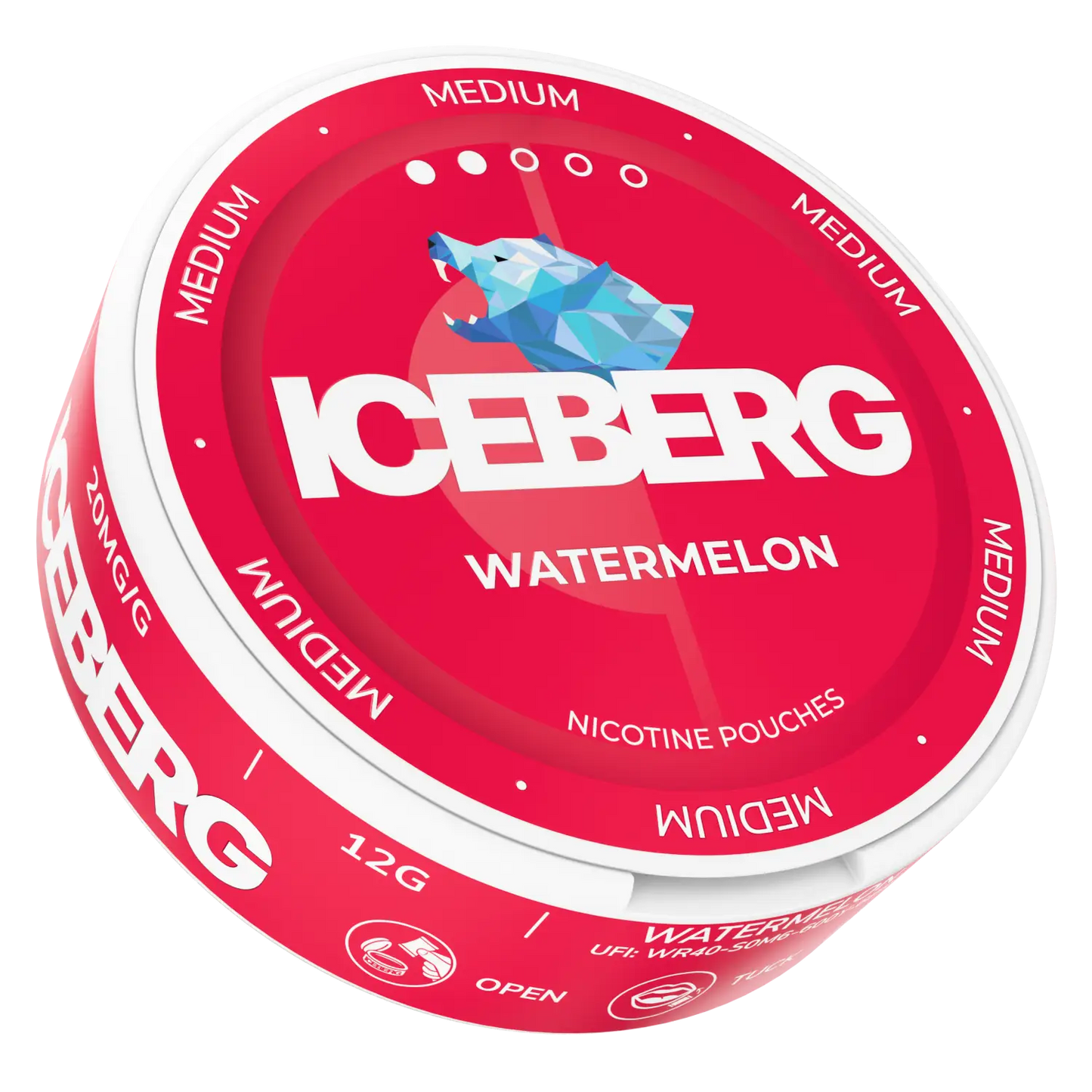 Watermelon flavored Iceberg Watermelon 20mg nicotine pouch from Killa Snus, shown in a sleek packaging image.