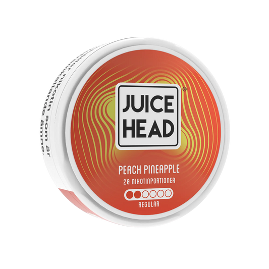 Peach and pineapple flavored Juice Head vape e-liquid bottle from Europesnus.com, showing the left side label with 6mg nicotine strength.