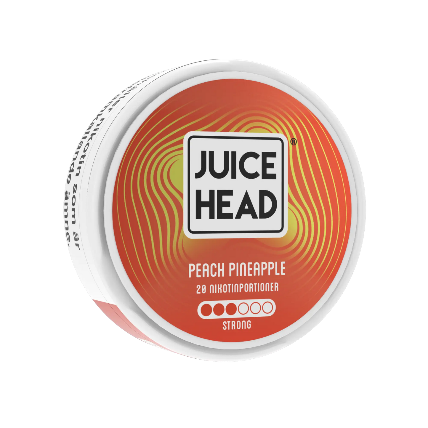 Peach and pineapple flavored Juice Head vape pod on the left side, showing the 9mg nicotine strength for strong vaping experience.
