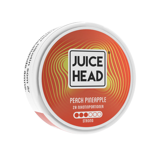 Peach and pineapple flavored Juice Head vape pod on the left side, showing the 9mg nicotine strength for strong vaping experience.