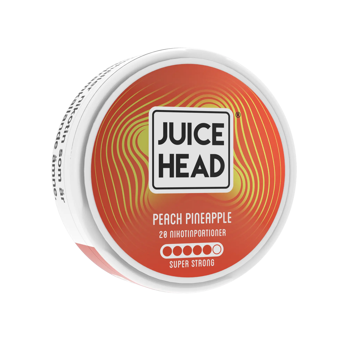 Peach and pineapple flavored Juice Head vape pod with 14mg nicotine, showing the left side of the pod for Europesnus.com.