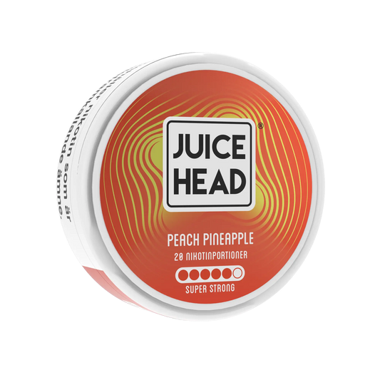 Peach and pineapple flavored Juice Head vape pod with 14mg nicotine, showing the left side of the pod for Europesnus.com.