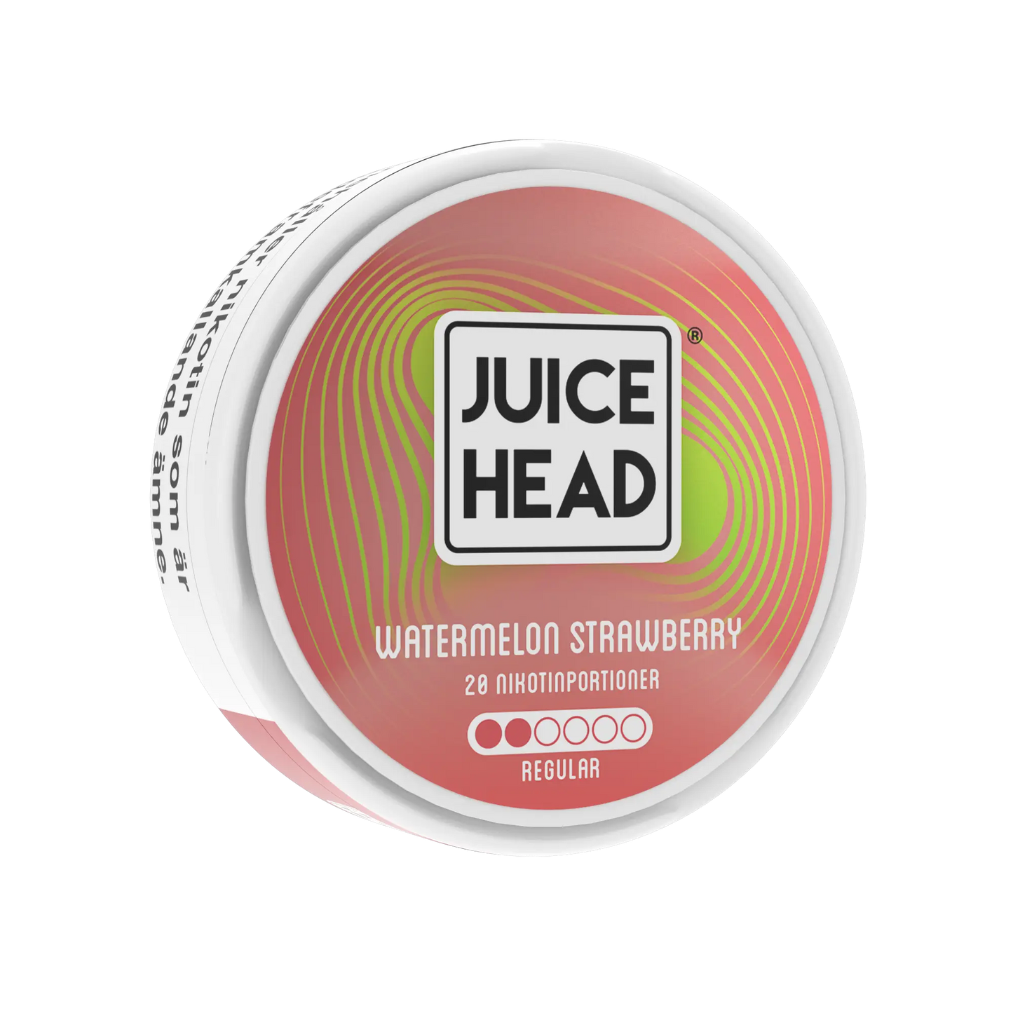 Juice Head Watermelon Strawberry pouch with watermelon and strawberry flavors, shown from the left side, 6mg nicotine strength.