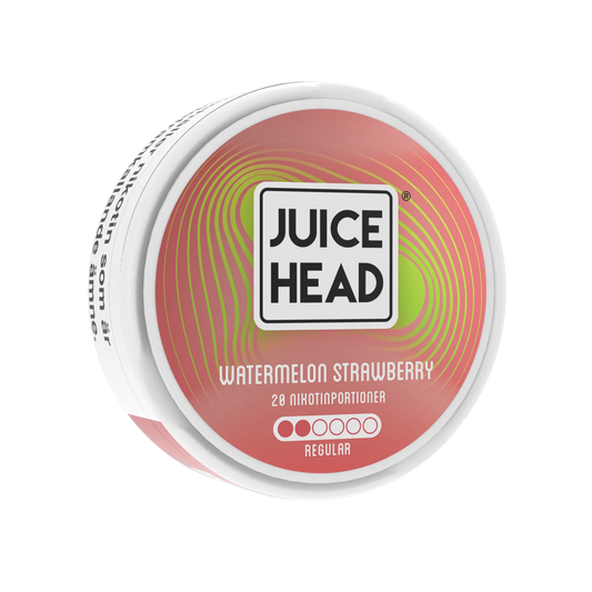 Juice Head Watermelon Strawberry pouch with watermelon and strawberry flavors, shown from the left side, 6mg nicotine strength.