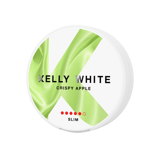 Kelly White Crispy Apple Extra Strong snus can by Killa Snus, shown in a white and red can with crisp apple graphics.