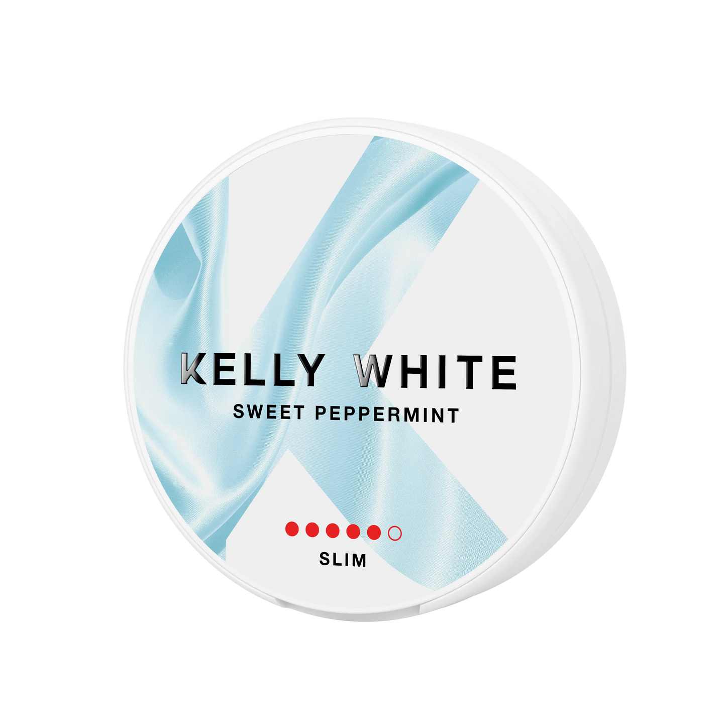 Kelly White Sweet Peppermint Extra Strong snus can with white packaging and clear label, shown from the left side.