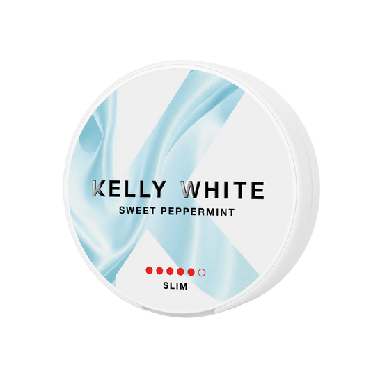 Kelly White Sweet Peppermint Extra Strong snus can with white packaging and clear label, shown from the left side.