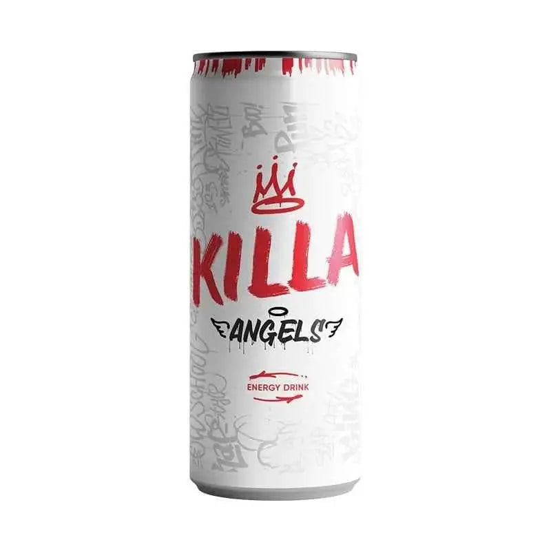 Killa Angels energy drink can with bold branding and vibrant design, promoting boost and refreshment.