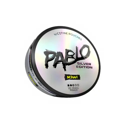 Pablo Silver Edition Kiwi Killa Snus pouch with silver packaging and kiwi flavor, displayed in a close-up shot.