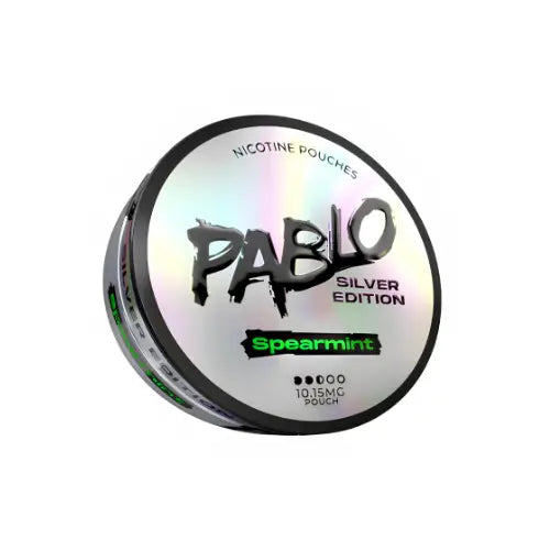 Pablo Silver Edition Spearmint snus pouch from Killa Snus, with silver packaging and spearmint flavor visible.