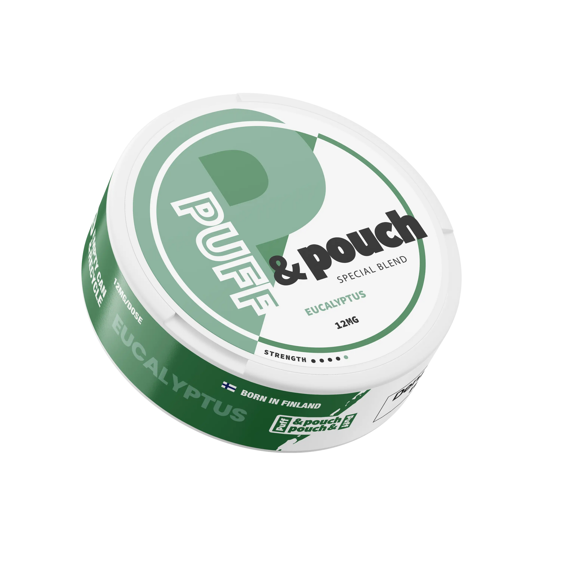 Eucalyptus Puff & Pouch from Killa Snus showing fresh eucalyptus leaves in a pouch for smokeless tobacco.