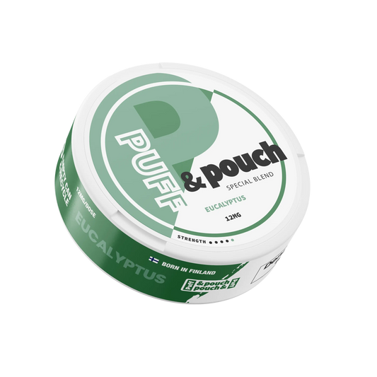 Eucalyptus Puff & Pouch from Killa Snus showing fresh eucalyptus leaves in a pouch for smokeless tobacco.