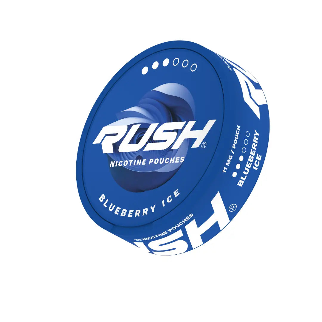 Rush Blueberry Ice Pro pouch from Killa Snus, featuring blueberry and menthol flavor in a sleek pouch, displayed on a white background.
